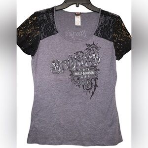 Harley-Davidson Gray Sturgis 2016 T-Shirt with Black Lace Sleeves Size Medium